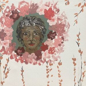 Vintage style painting of an old lady surrounded by flowers. 🌸🌺